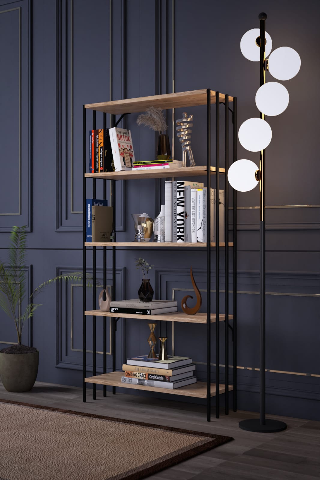 Verona Black-Atlantic Pine Melamine Coated Particle Board Bookcase with Metal Frame – 72 cm Wide, 150 cm High