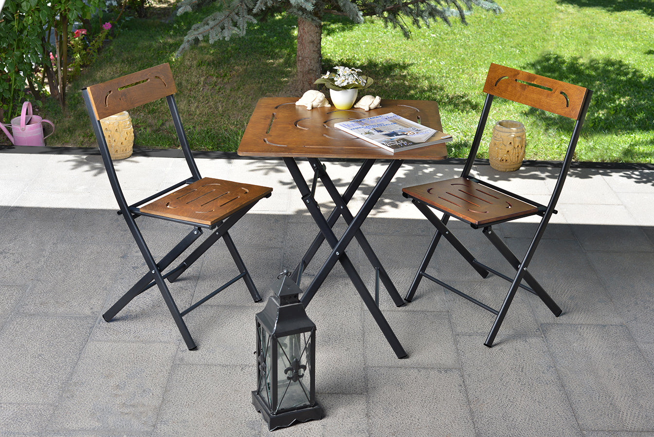 Bistro | 3-Piece Garden Table & Chairs Set, Walnut MDF with Black Metal Legs
