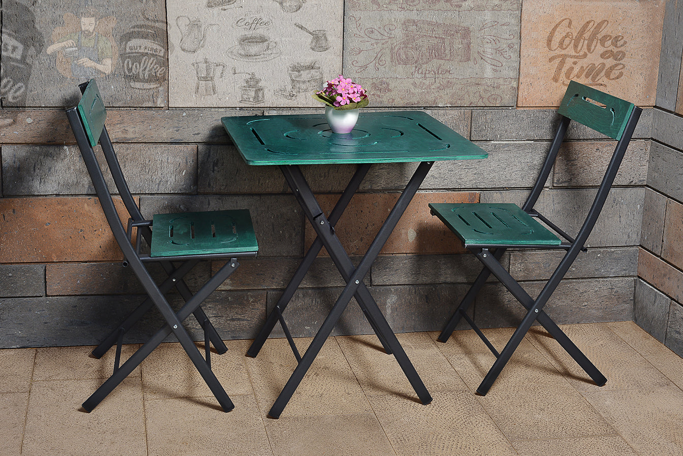 Bistro | 3-Piece Garden Table & Chairs Set, Walnut MDF with Black Metal Legs