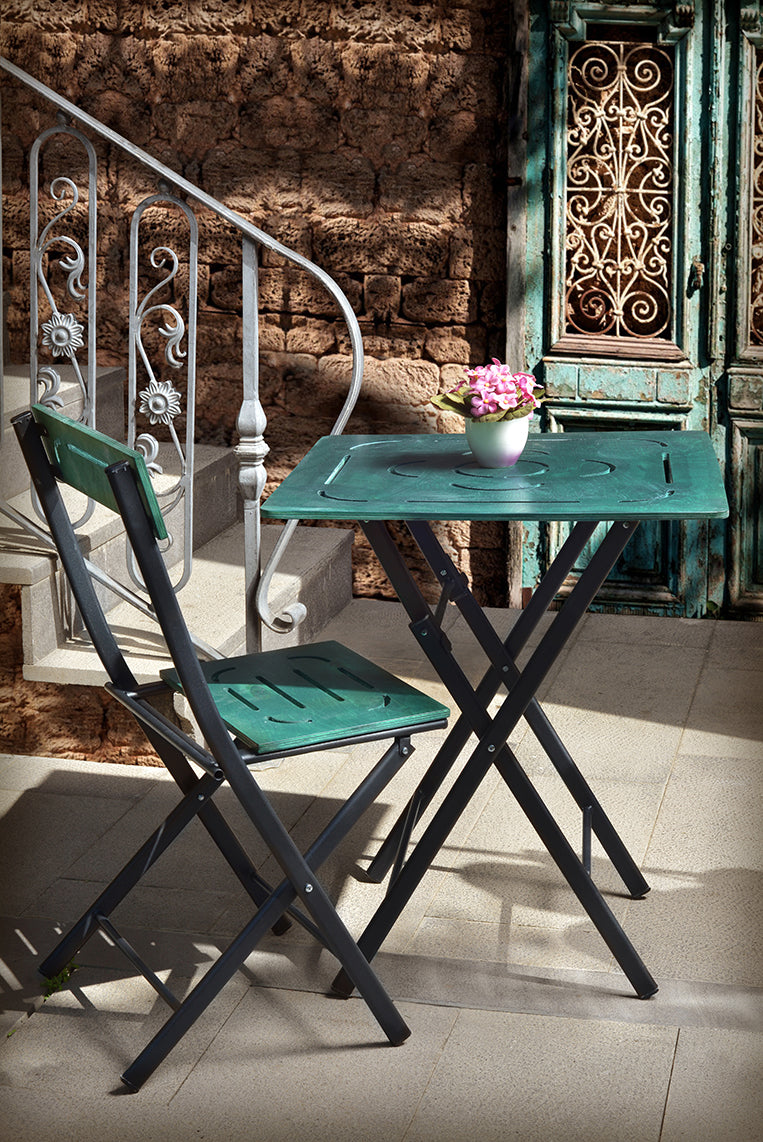 Bistro | 3-Piece Garden Table & Chairs Set, Walnut MDF with Black Metal Legs