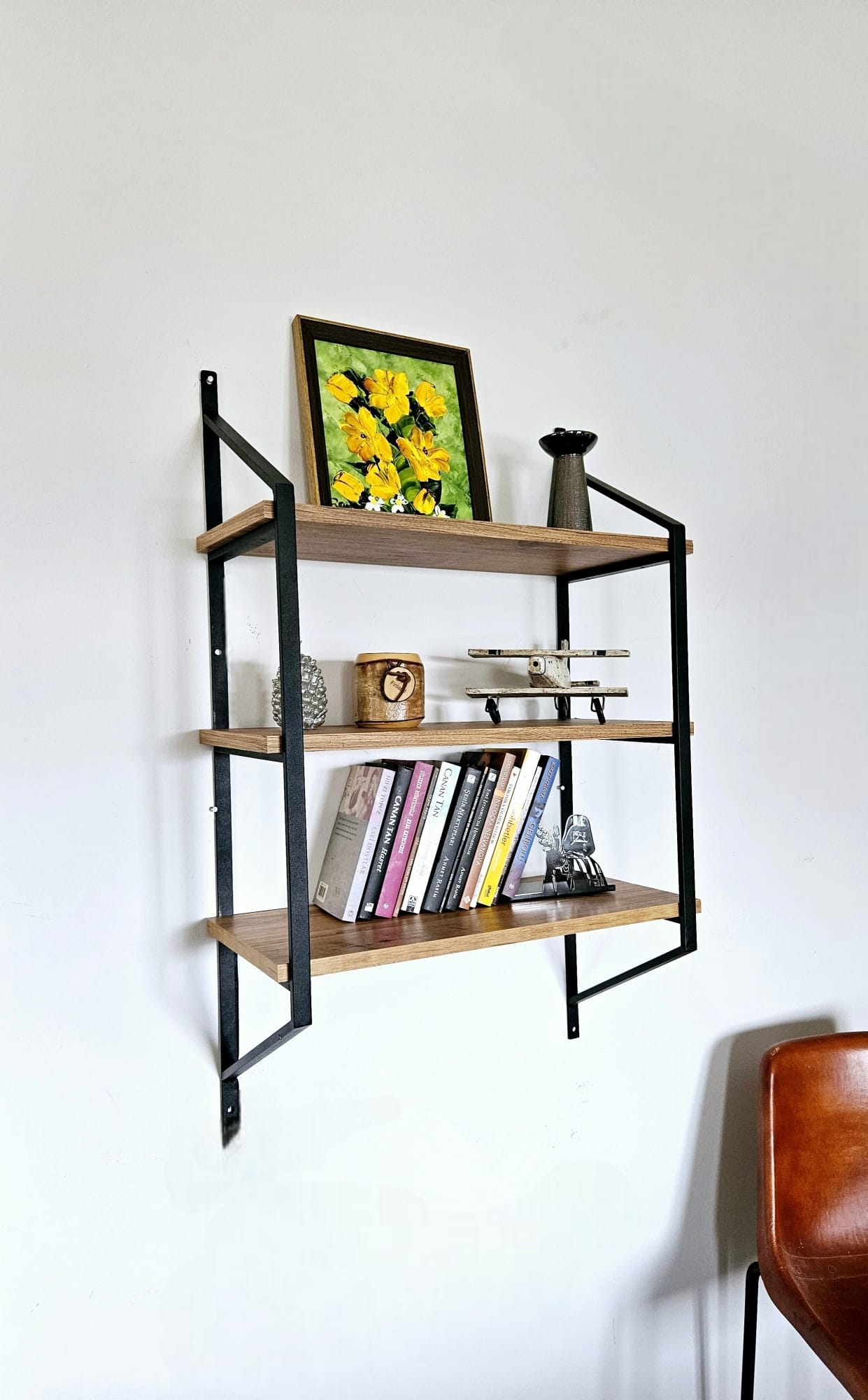 Raffy/1 Black-Atlantic Pine Wall Shelf with Metal Frame – Modern Storage Solution, 60 cm Wide