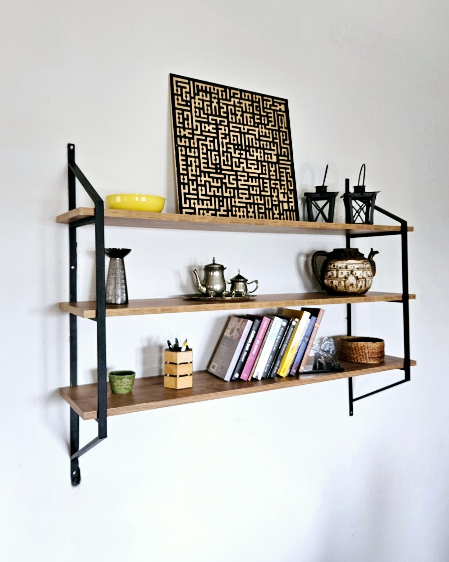 Raffy/2 Black-Atlantic Pine Wall Shelf with Metal Frame – Modern Storage Solution, 120 cm Wide