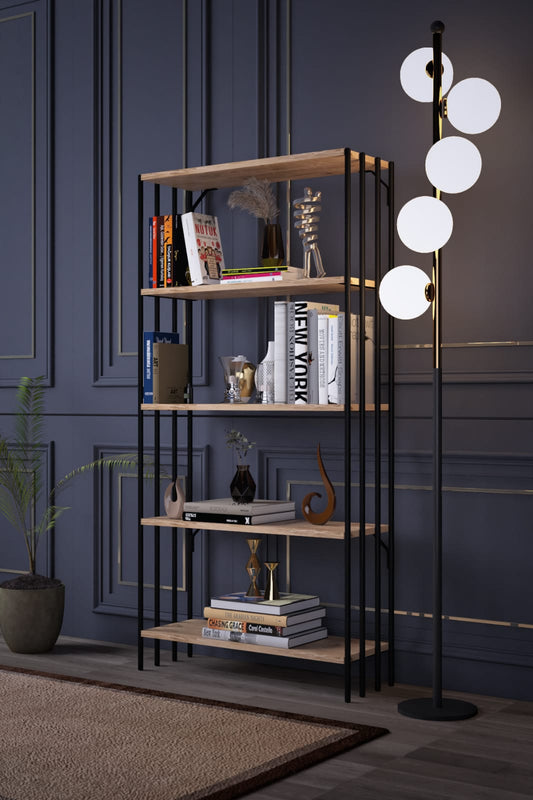 Verona Black-Atlantic Pine Melamine Coated Particle Board Bookcase with Metal Frame – 72 cm Wide, 150 cm High