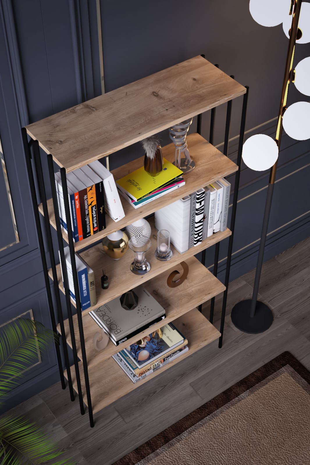 Verona Black-Atlantic Pine Melamine Coated Particle Board Bookcase with Metal Frame – 72 cm Wide, 150 cm High